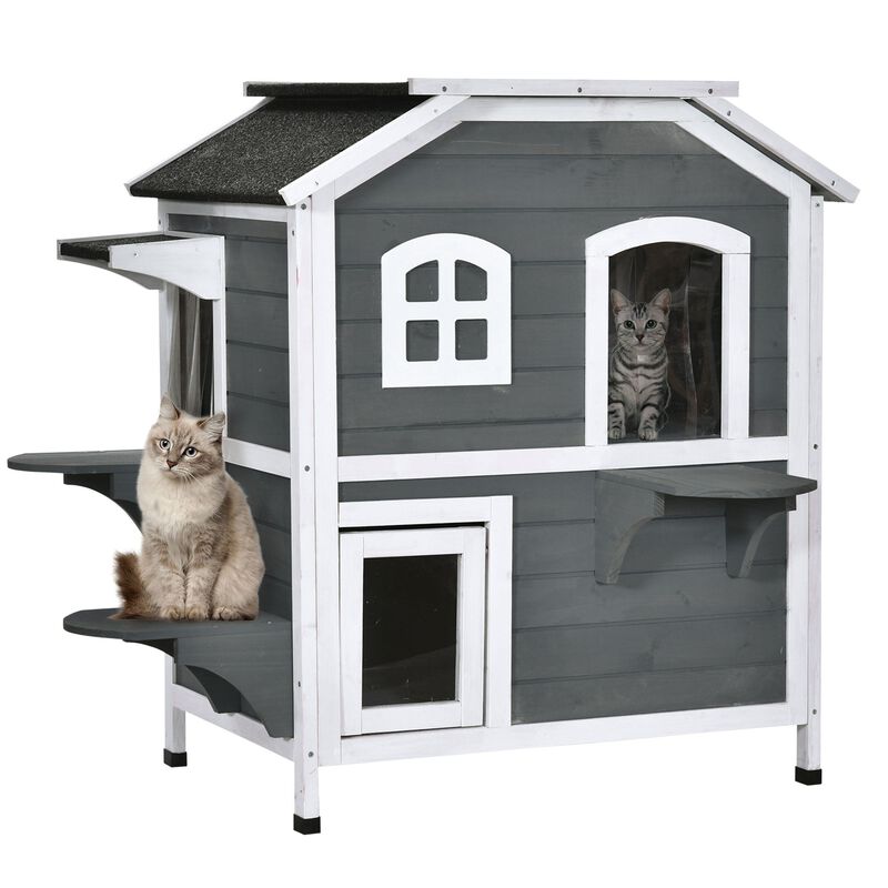 Grey Feline Fortress: 2-Story Wooden Outdoor Cat House with Escape Door