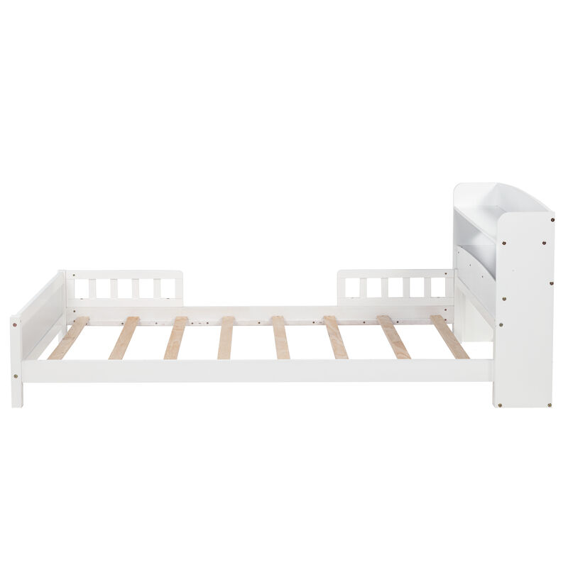 Whisen Twin Pine Wood Bed with Bookcase Headboard ,LED Motion Sensor Light, Guardrails-White