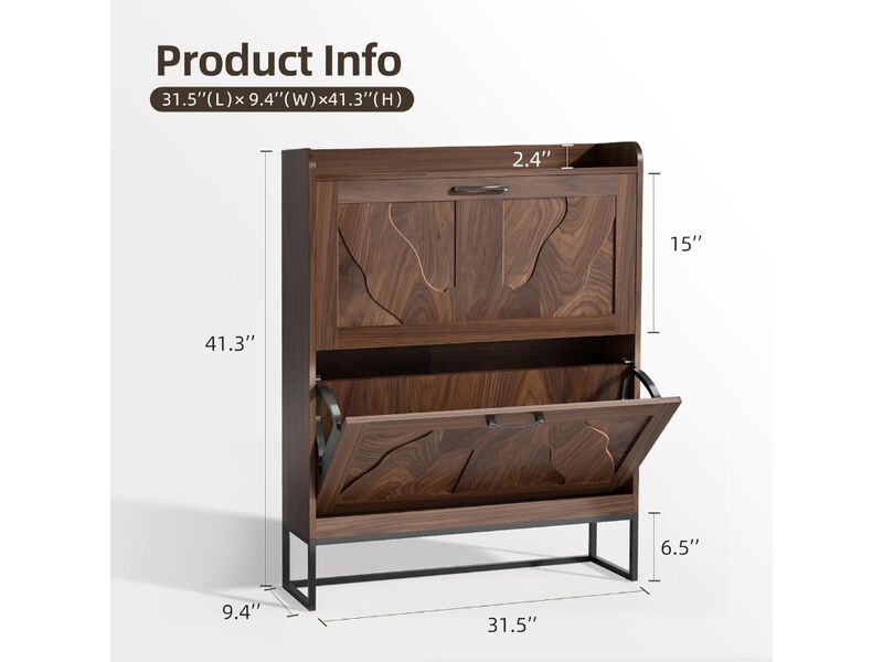 Slim Entryway Wood Shoe Storage Cabinet Flip Drawer Walnut image number 2