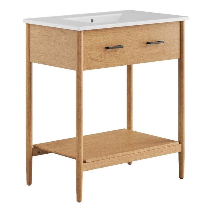 Modway Zaire 30&rdquo; Mid-Century Bathroom Vanity Washstand in Natural White with Ceramic Sink Basin, 30 Inches