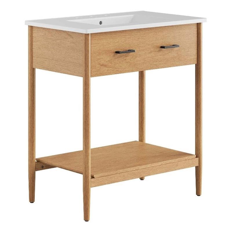 Modway Zaire 30&rdquo; Mid-Century Bathroom Vanity Washstand in Natural White with Ceramic Sink Basin, 30 Inches image number 0