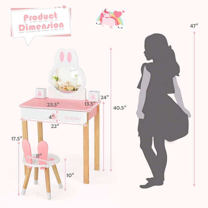 Kids Vanity Set Rabbit Makeup Dressing Table Chair Set with Mirror and Drawer