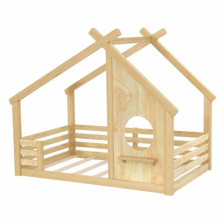GOODSILO Twin Size House Shaped Floor Bed With Built-In Decorative Window And Storage Shelf, Sturdy Solid Wood Frame No Box Spring Required
