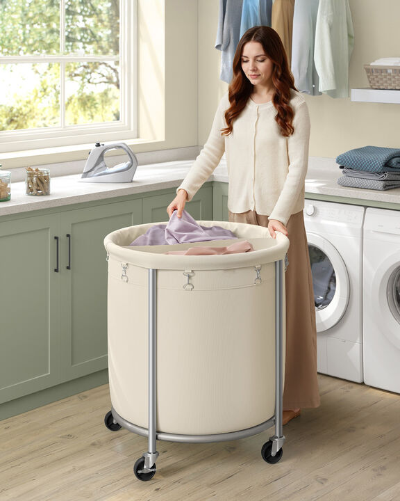 Rolling Laundry Basket 63.5 Gal Cream White and Silver