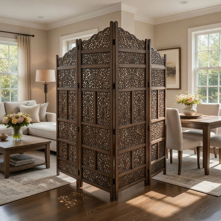 Benzara Hand Carved Foldable 4 Panel Wooden Partition Screen/RoomDivider,Brown