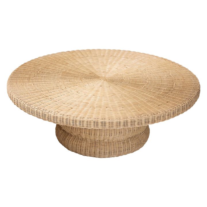 bali & pari Silvia Natural Rattan Coffee Table - Handwoven Wicker Accent Cocktail Table with Pedestal Base for Living Room or Sunroom