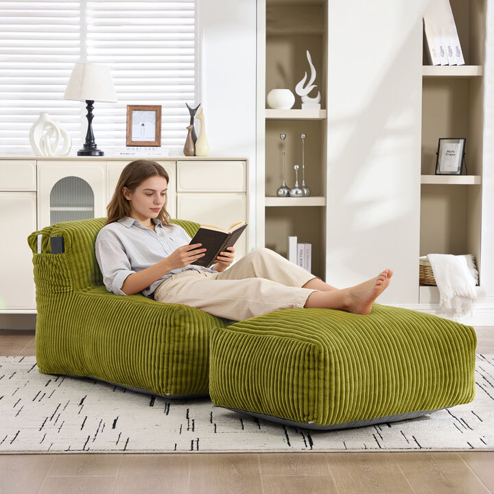 Large Bean Bag Chair for Adults with Ottoman, Soft Corduroy Bean Bag Sofa, Ergonomic Lounger for Living Room, Bedroom, Dorm & Balcony