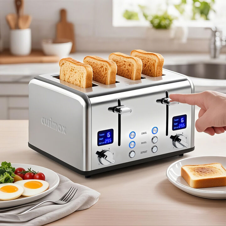 Cusimax 4 Slice Toaster, Stainless Steel Toaster with Ultra-Clear LED Display & Extra Wide Slots, Dual Control Panels of 6 Shade Settings