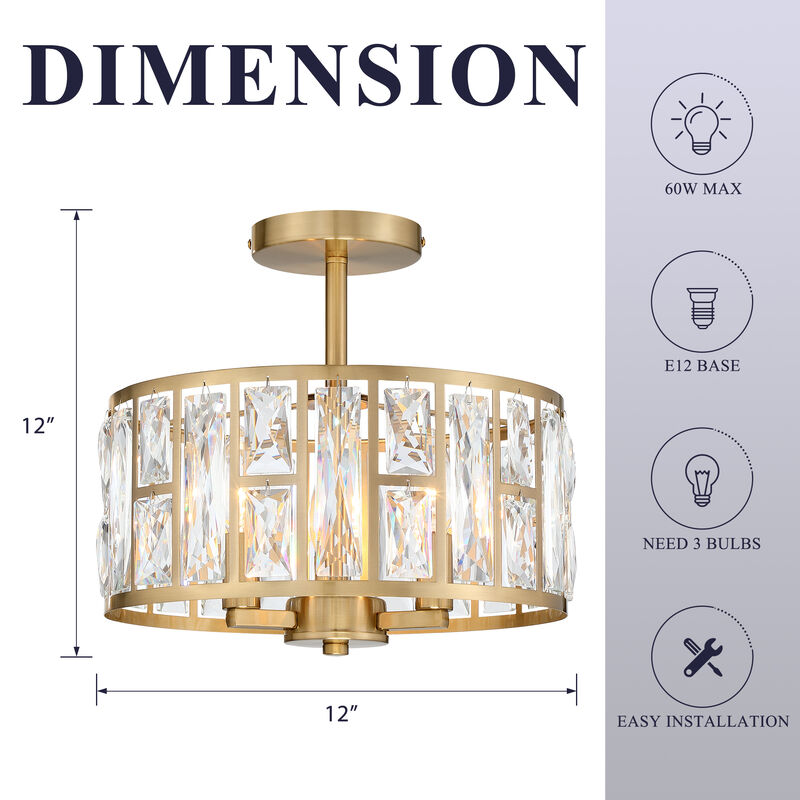 Modern Glam 3-Light Dimmable Crystal Semi Flush Mount Ceiling Light image number 2