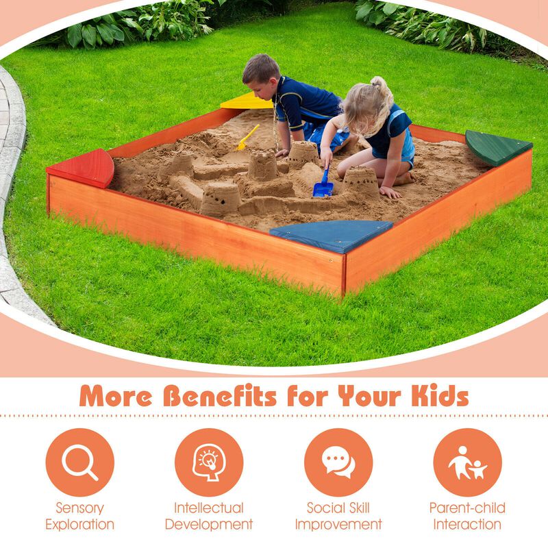 Kids Outdoor Wooden Backyard Sandbox with Built-in Corner Seating for Play