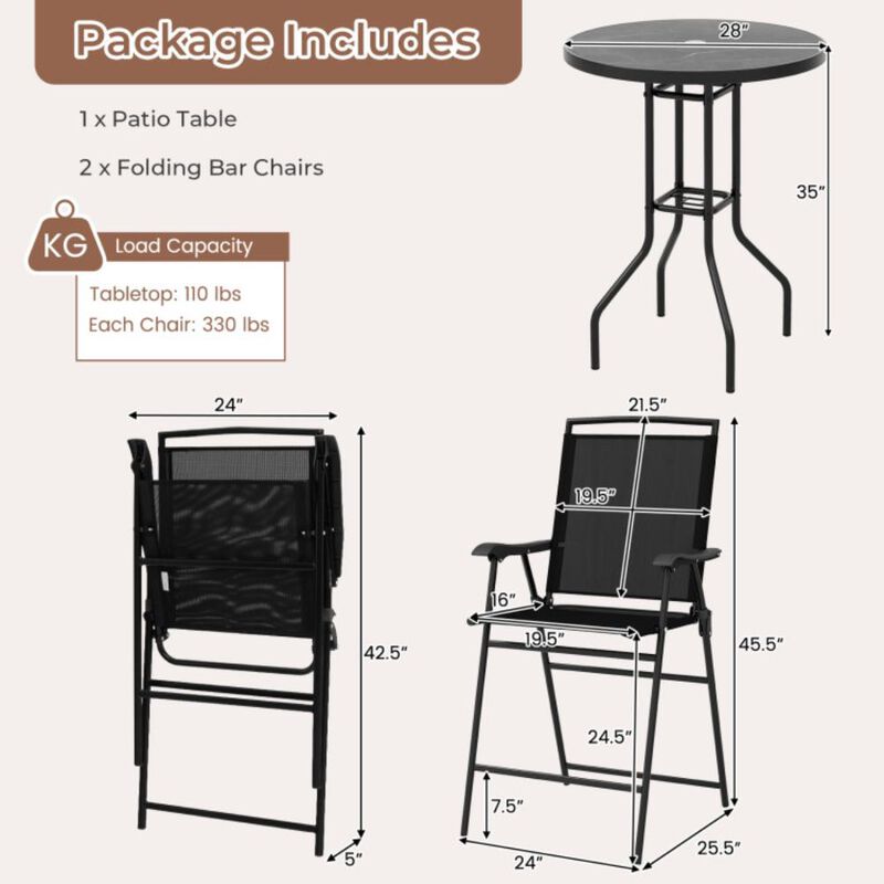 Hivvago 3 Pieces Outdoor Bar Stool Set with DPC Tabletop and Umbrella Hole for Poolside