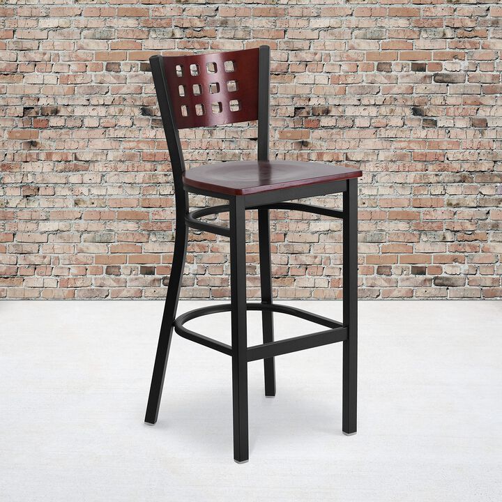 Flash Furniture HERCULES Series Black Cutout Back Metal Restaurant Barstool - Mahogany Wood Back & Seat