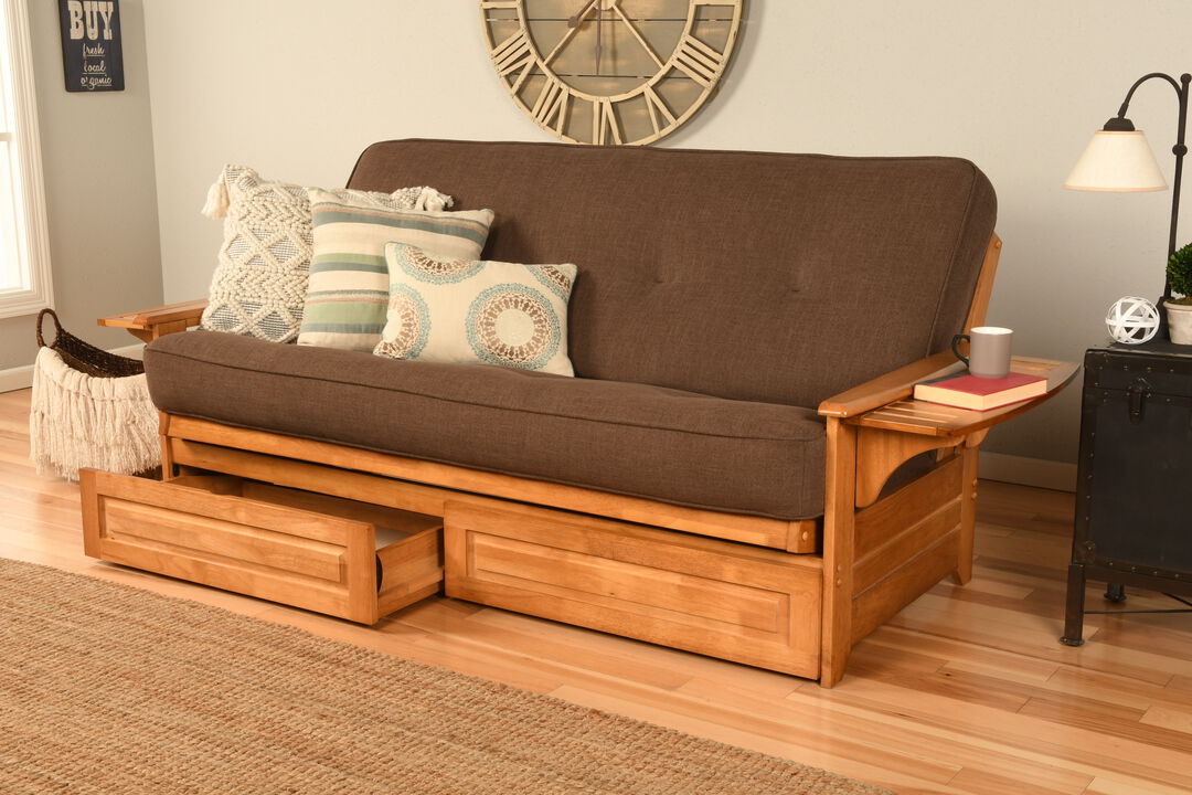 Phoenix Frame in Butternut Finish includes Marmont Thunder Mattress and Storage Drawers