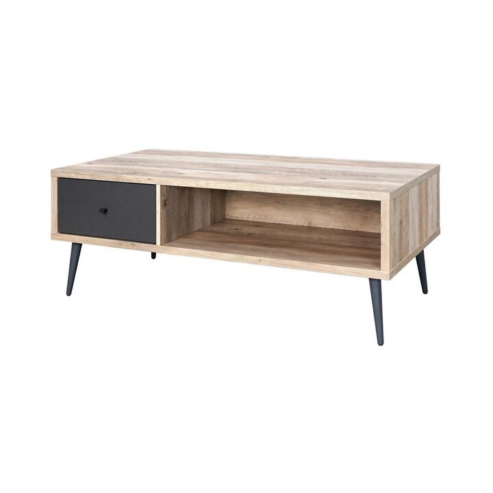 Carly 47 Inch Coffee Table, Tapered Legs, 1 Drawer, Light Brown and Gray - Benzara