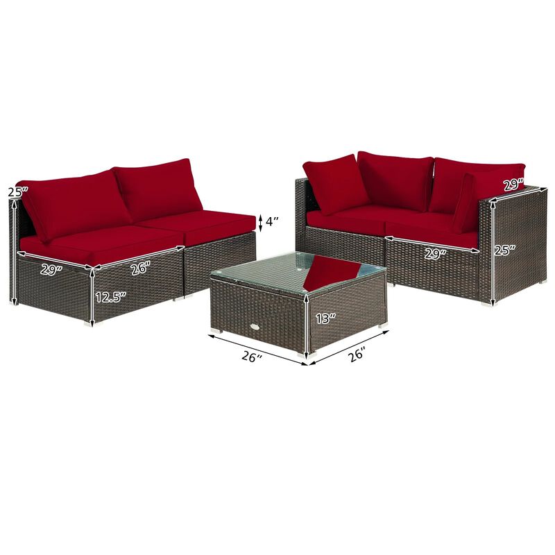 Mondawe 5 Pieces Cushioned Patio Rattan Furniture Set with Glass Table