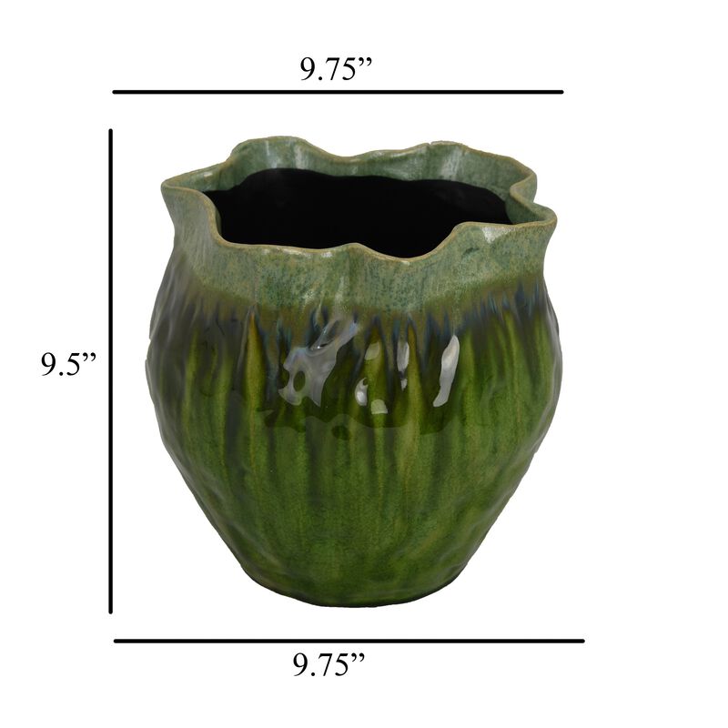 Balie Accent Vase, Green Ceramic Irregular Top Edge, Modern 10 Inch - Benzara