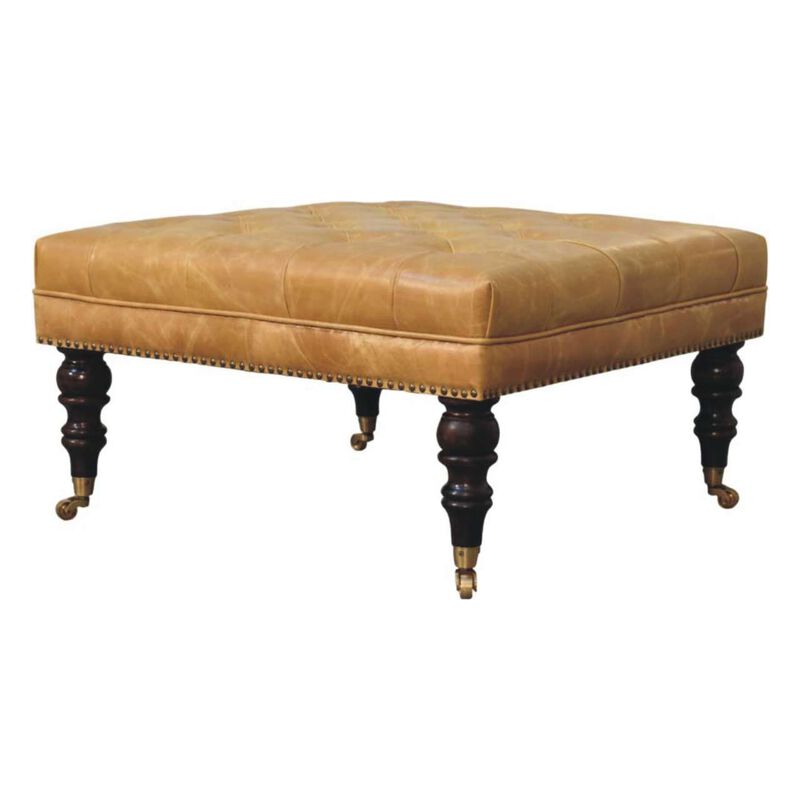 Artisan Furniture Solid Wood Tan Leather Upholstered Ottoman image number 2