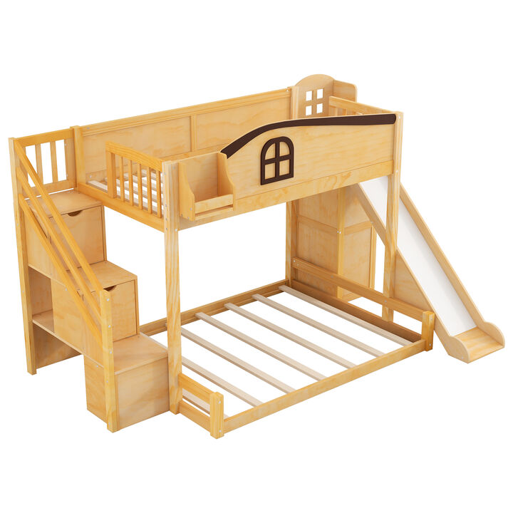 Merax Twin over Full Bunk Bed with Storage Staircase, Shelf, Slide & Wardrobe