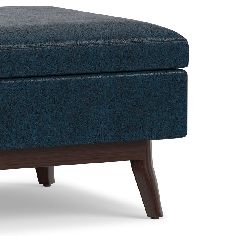 Owen 34 inch Wide Mid Century Modern Rectangle Coffee Table Storage Ottoman in Distressed Dark Blue Vegan Faux Leather, Assembled image number 7