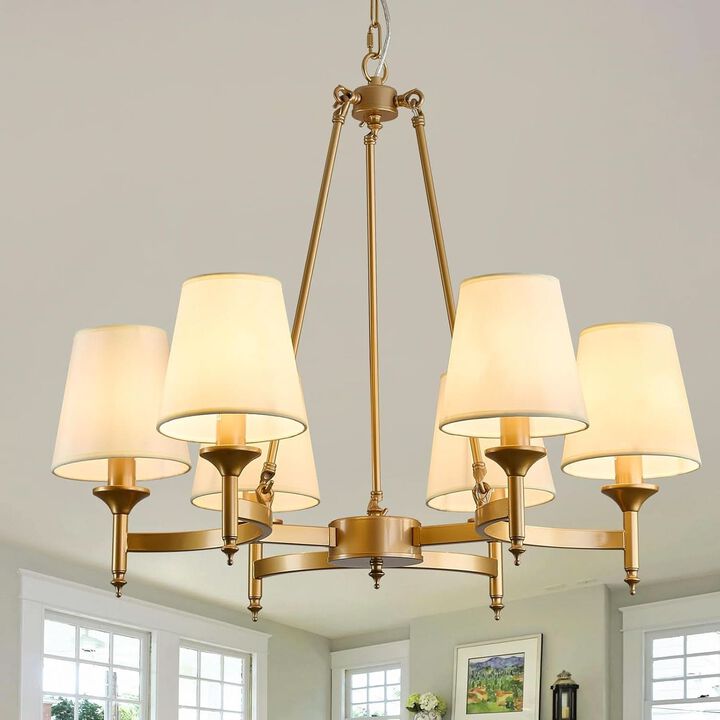 ShipItFurniture Gold Wagon Wheel Chandelier With White Linen Shade 6-Light