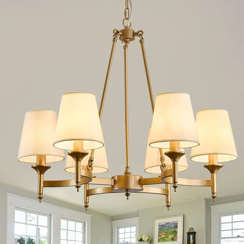 ShipItFurniture Gold Wagon Wheel Chandelier With White Linen Shade 6-Light image number 1