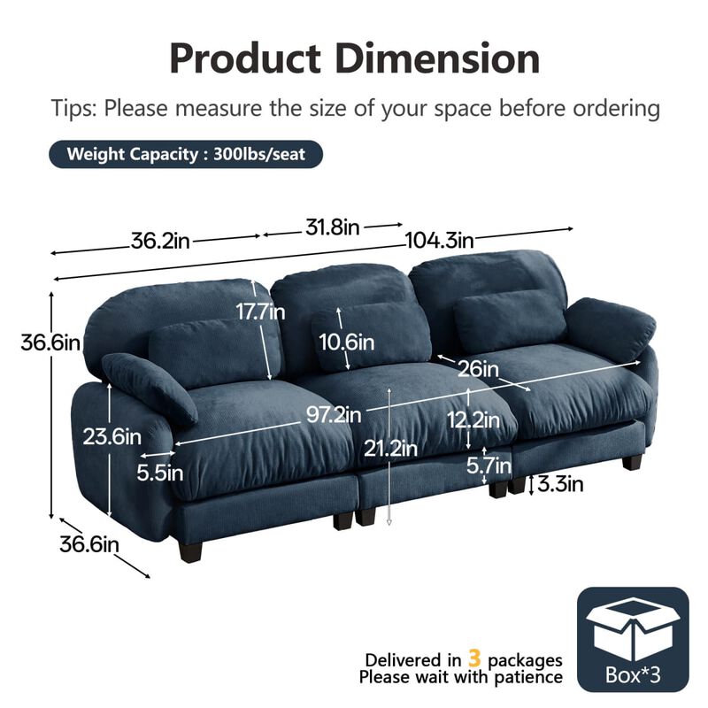 3 Seat modular cloud couch for living room, Chenille deep seat sofa with plush cushions, Modular 3 seater sofa for home image number 2