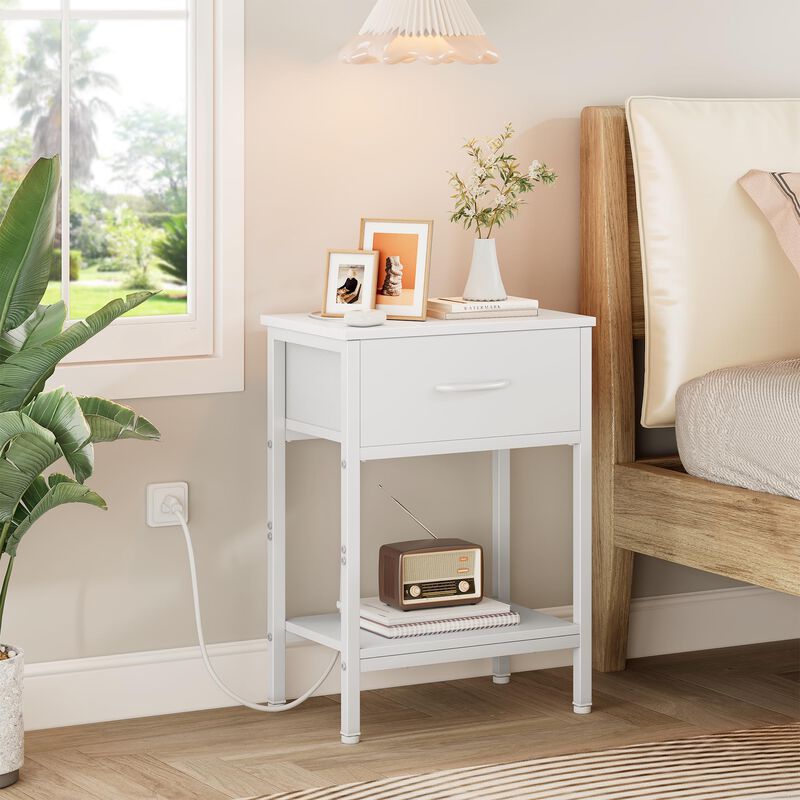 Vagusicc White Nightstand with Charging Station, End Table with Fabric Drawer, Small Side Table with 2-Tier Storage Shelves, 25.