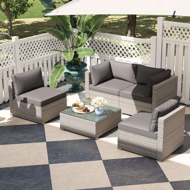 Hivvago 5-Piece Outdoor Patio Sectional Sofa Couch and Glass Coffee Table with Cushions