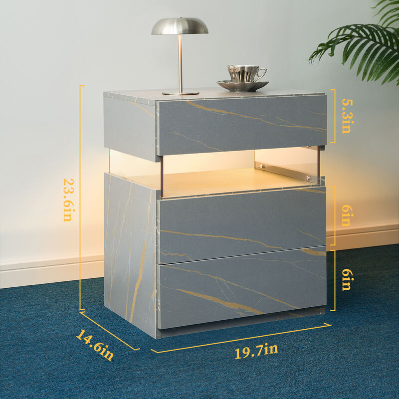 TATEUS Acrylic LED Nightstand with 3 Drawers, Lighted Bedside Table Dresser for Bedroom End Furniture