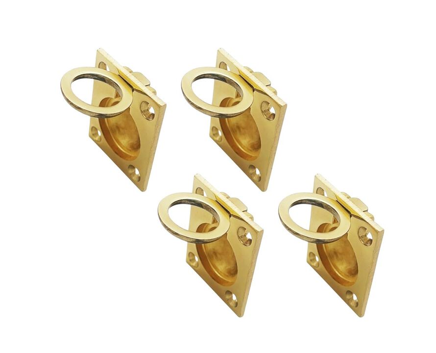 QCAA Solid Brass Flush Ring Pull, 36.5 x45 mm, Polished Brass US3, 4 Pack