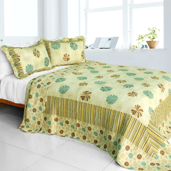 Queen Size Cotton 3-Piece Quilted Printed Quilt Set with Matching Pillow Shams