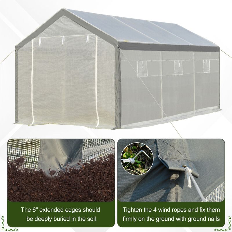 Outsunny 20' x 10' x 9' Walk-In Greenhouse, Outdoor Gardening Canopy with 6 Roll-up Windows, 2 Zippered Doors & Weather Cover, White