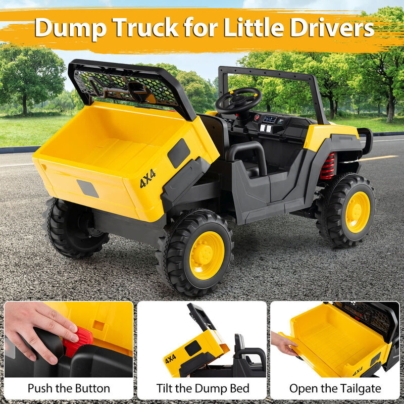 2 Seater 24V Ride On Dump Truck Toy with Remote Control for Yard and Garden-Yellow image number 3