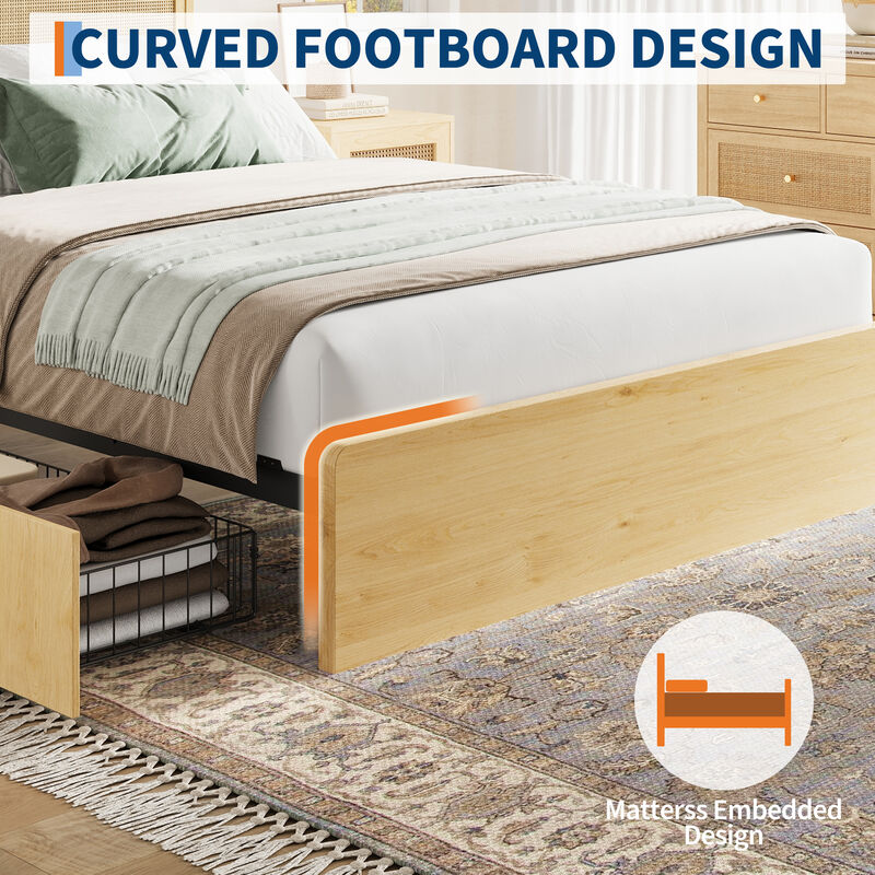 Modern Farmhouse Rattan Platform Bed Frame with Under‑Bed Storage Drawers, Noise‑Free Wooden Slats, No Box Spring Required image number 3