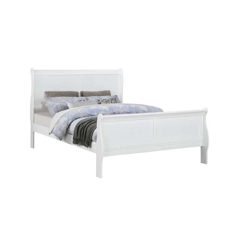 Louis Philippe White Finish Queen Size Panel Sleigh Bed Solid Wood Wooden Bedroom Furniture