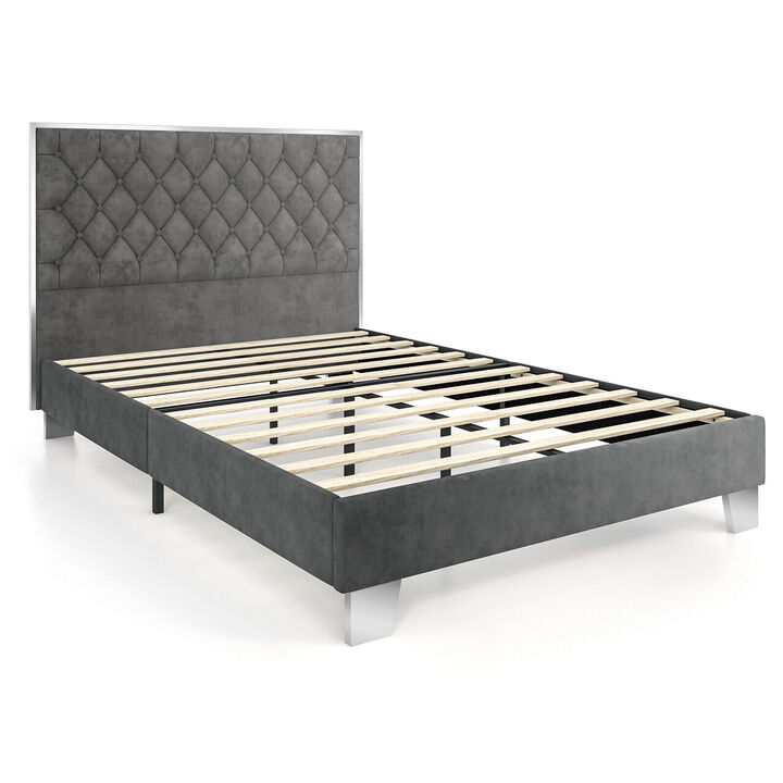 Velvet Upholstered Bed Frame with Plush Padded Headboard