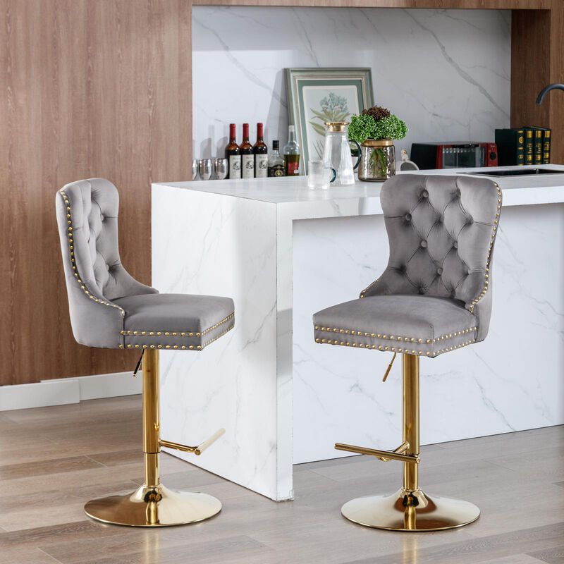 Swivel Barstools Modern Upholstered Counter Chairs with Tufted Back & Adjustable Seat for Kitchen & Bar - Set of 2