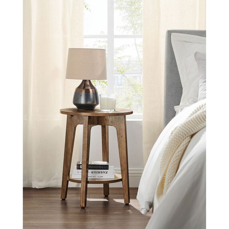 Minimalist Round End Table – Small Table with Lower Shelf for Sofa Side or Bedside Storage Needs