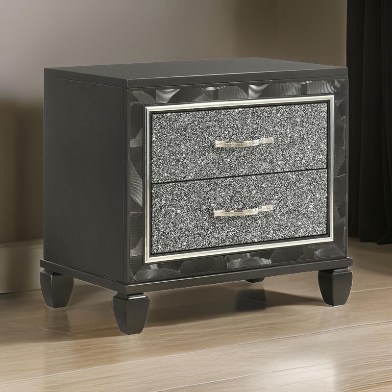 Ren 28 Inch Nightstand with 2 Glitter Front Storage Drawers, Black, Silver - Benzara