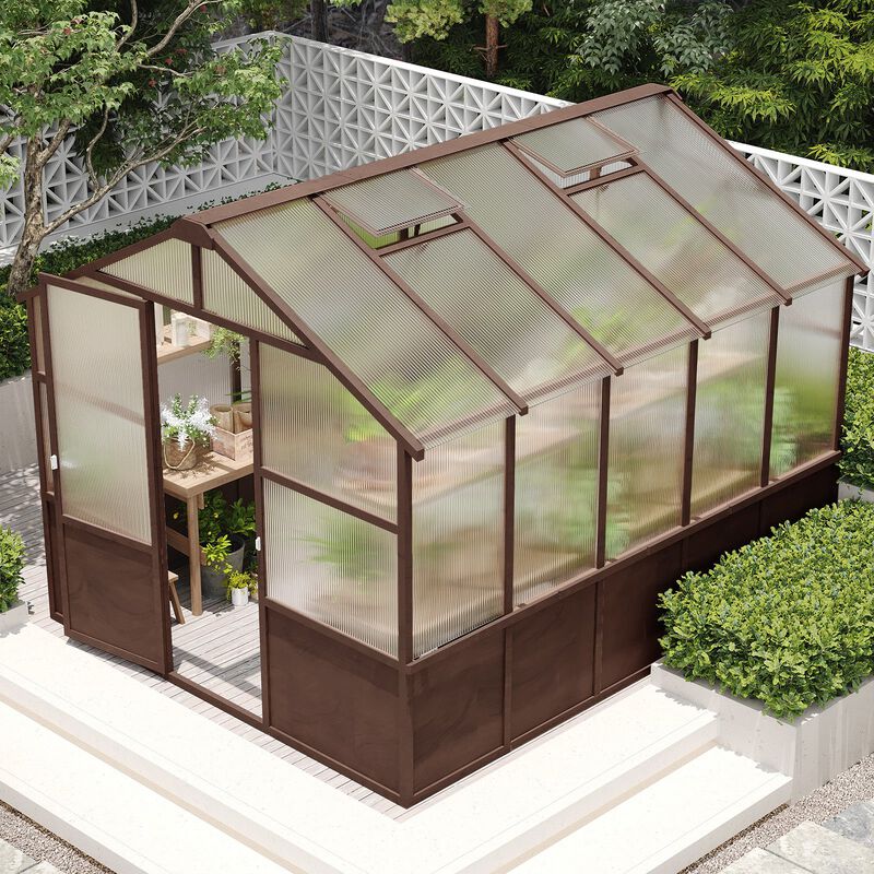 8x10 FT Greenhouse, Wooden Walk-in Greenhouse for Outdoors with Polycarbonate Panel and Adjustable Roof Vents image number 2