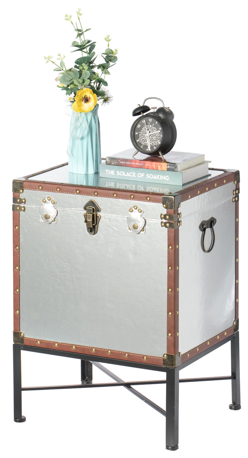 Silver and Brown Trimmed Faux Leather Lockable Square Lined Storage Trunk, End Table on Metal Stand
