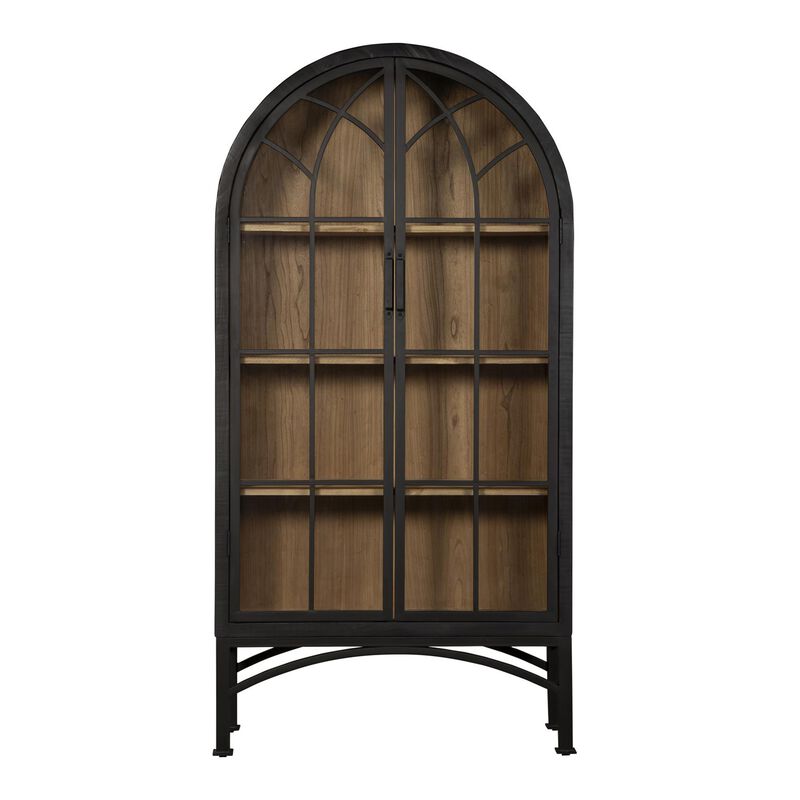 Veria China Cabinet, 2 Glass Door Arch Frame, Black Iron, 83 Inch