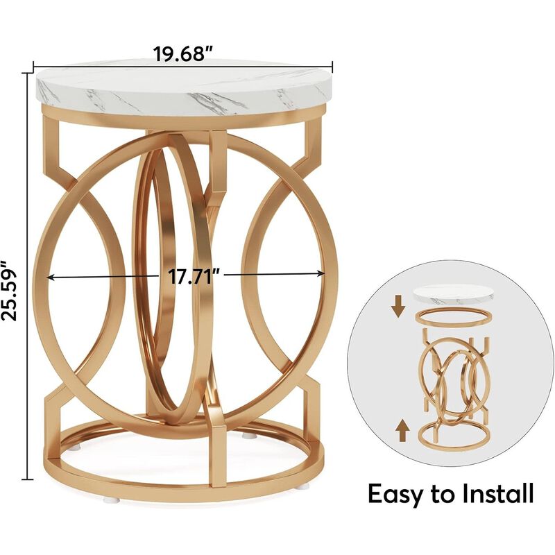 Tribesigns Round End Table, Modern Bedside Table with Faux Marble Top, Nightstand and Side Table for Living Room and Bedroom, Small Sofa Table with Curved Gold Metal Legs image number 4