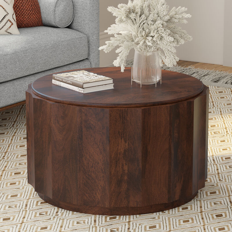 Trenton SOLID MANGO WOOD 32 inch Wide Round Contemporary Coffee Table in Walnut Brown, Fully Assembled