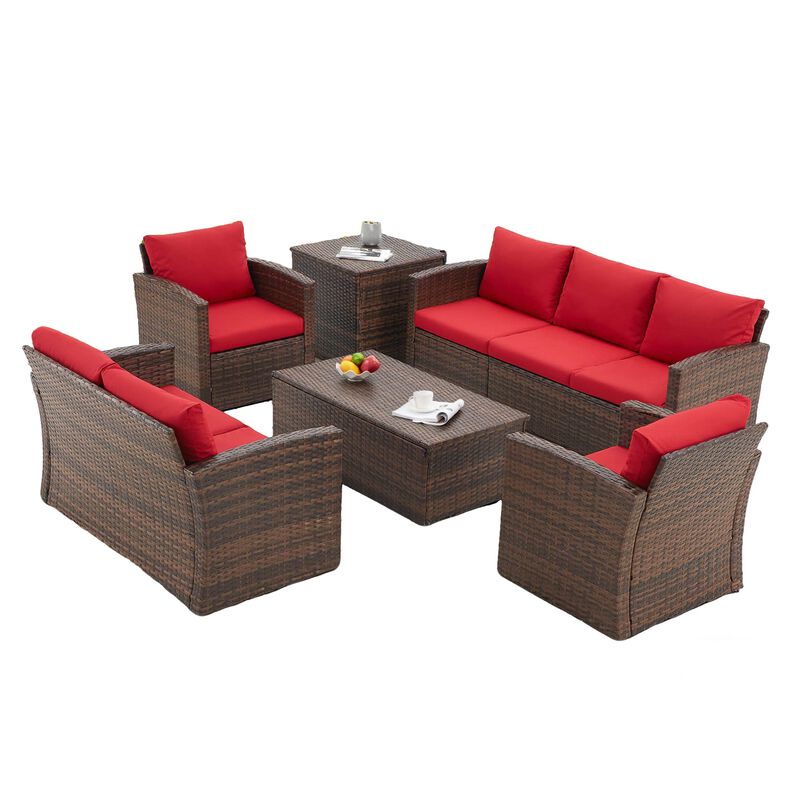 Mondawe 6-Piece Brown Wicker Outdoor Patio Conversation Set with Seat Cushions and 1-Storage Box