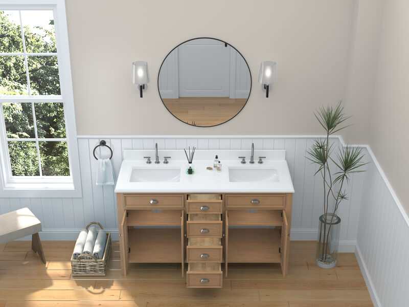 60 Inch Contemporary Style Double Sink Wood Style Kalani Bathroom Vanity With White Quartz Top image number 7