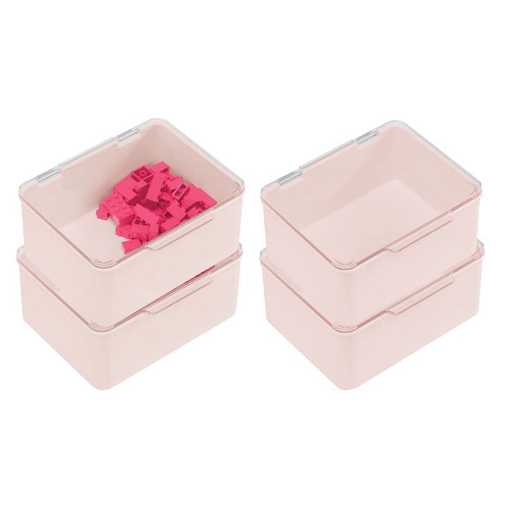 mDesign Plastic Playroom/Gaming Storage Organizer Box, Lid, 4 Pack, Pink/Clear