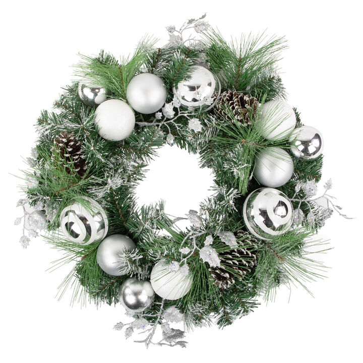 Green Pine Needle Wreath with Pinecones and Christmas Ornaments  24-Inch  Unlit