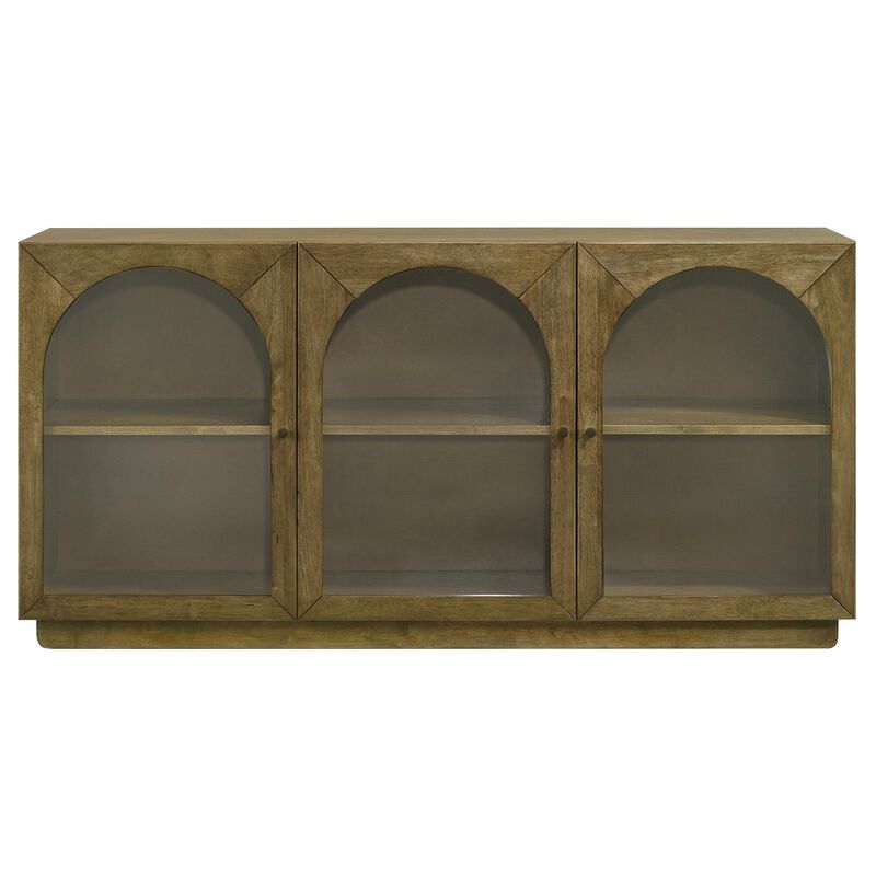 Givy Sideboard Buffet, 3 Arched Glass Doors 71 Inch Natural Brown Wood - Benzara