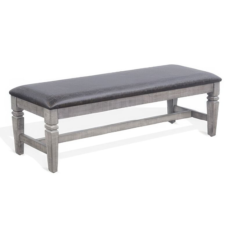 Camie Dining Bench, 56 Inch Faux Leather Seat, Gray Mahogany Wood - Benzara
